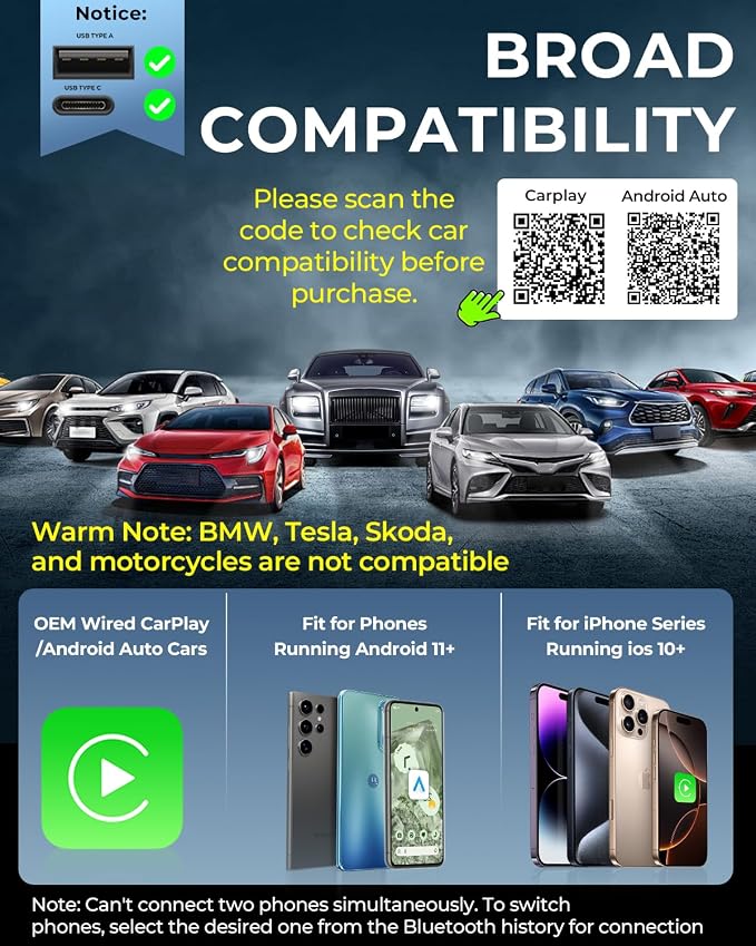 AuroraLink Wireless Carplay Adapter for Apple iPhone & Android Auto 2-in-1 Fast & Stable Carplay Wireless Adapter Convert Wired to Wireless Car Play Dongle for iOS 10+/Android 11+ (Grey)