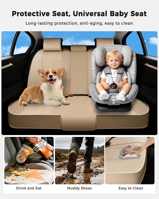 Huidasource Beige Back Seat Cover, Luxury Faux Leather Car Back Seat Cover, Velcro Adjustable, Compatible with Child Seat, Perforation Cooling＆Heating, Universal Fit for Most Cars Vans, Trucks, SUVs