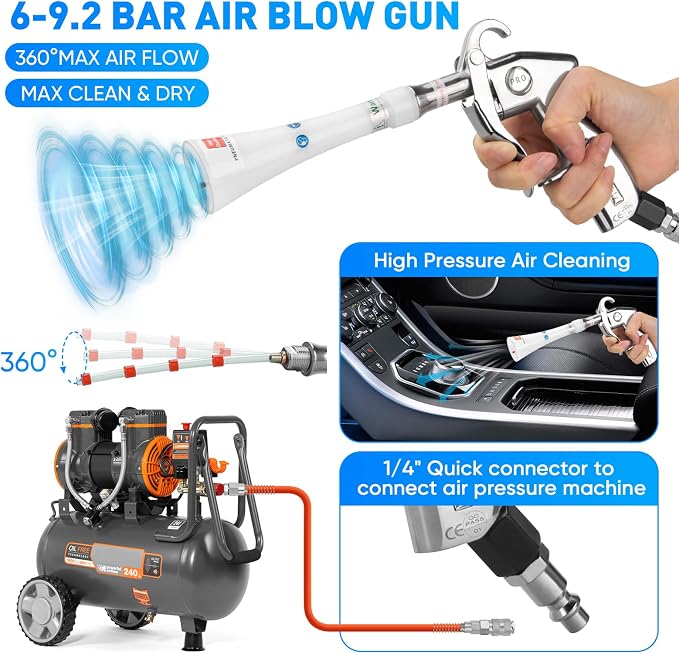 MYPIN Aluminium Car Cleaning Gun with Tapered Nozzle, 6-9.2Bar with 2 Set Nozzle, Pressure Air Blower Blow Gun Producing Powerful Blast of Air for Cleaning Cars, Velvet, Furniture and Carpets