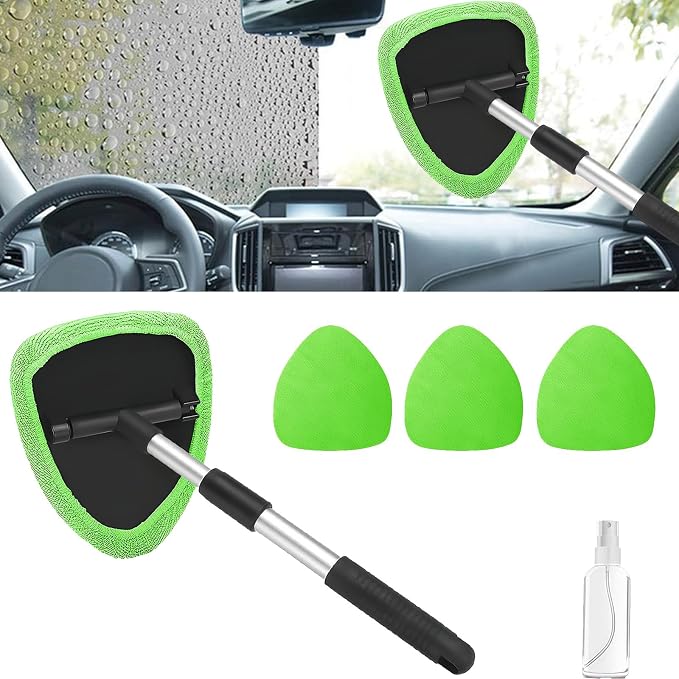 Windshield Cleaning Tool, Car Window Cleaner with Extendable Handle, 4 Microfiber Pads and Spray Bottle, Auto Interior Exterior Glass Wiper Cleaning Kit Universal for RV, SUV, Truck (Green)