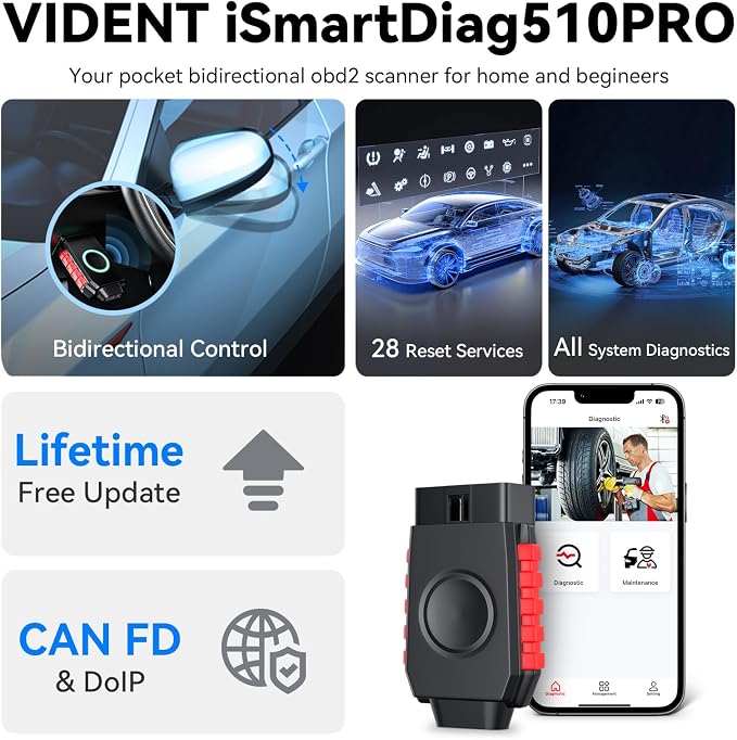 Bluetooth OBD2 Scanner Bidirectional Tools, VIDENT iSmartDiag510Pro Scan Tool with Lifetime Updates, 28 Resets, CAN FD/DoIP, All System Diagnostics for iOS & Android