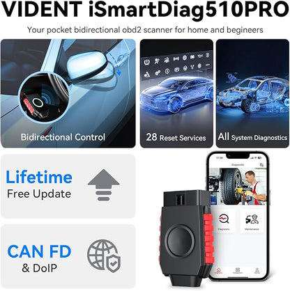 Bluetooth OBD2 Scanner Bidirectional Tools, VIDENT iSmartDiag510Pro Scan Tool with Lifetime Updates, 28 Resets, CAN FD/DoIP, All System Diagnostics for iOS & Android
