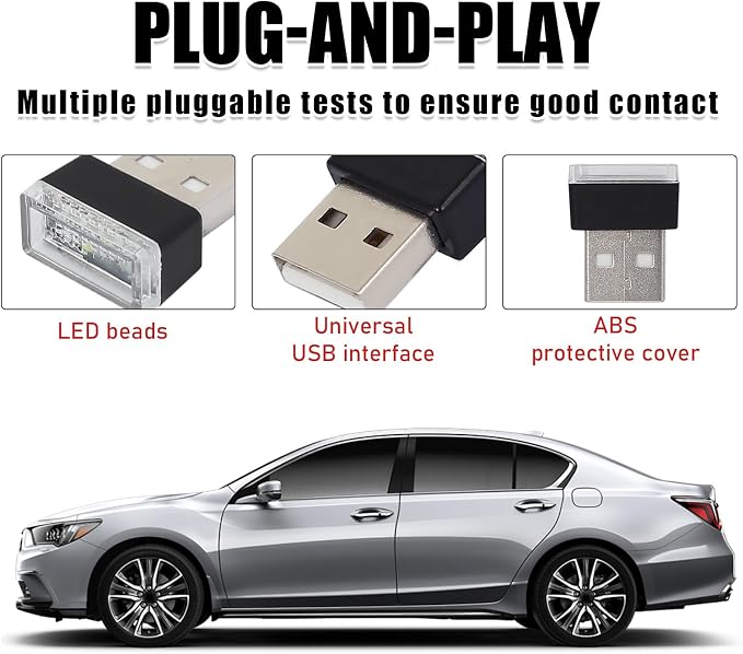 4 PCS USB LED Car Interior Atmosphere Lamp, Portable Mini LED Night Light, Plug-in USB Interface Trunk Ambient Lighting Kit, Universal Interior Car Accessories (2 Blue+2 Ice Blue)