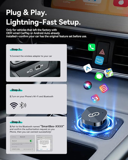 Spedal 2026 Wireless CarPlay Apapter USB C, Plug & Play Auto-Connect, Compatible with Vehicles from 2016 with Series CarPlay/Android Car, 5G/2.4G Dual-Band WiFi, Stable Car Play Android Auto Dongle