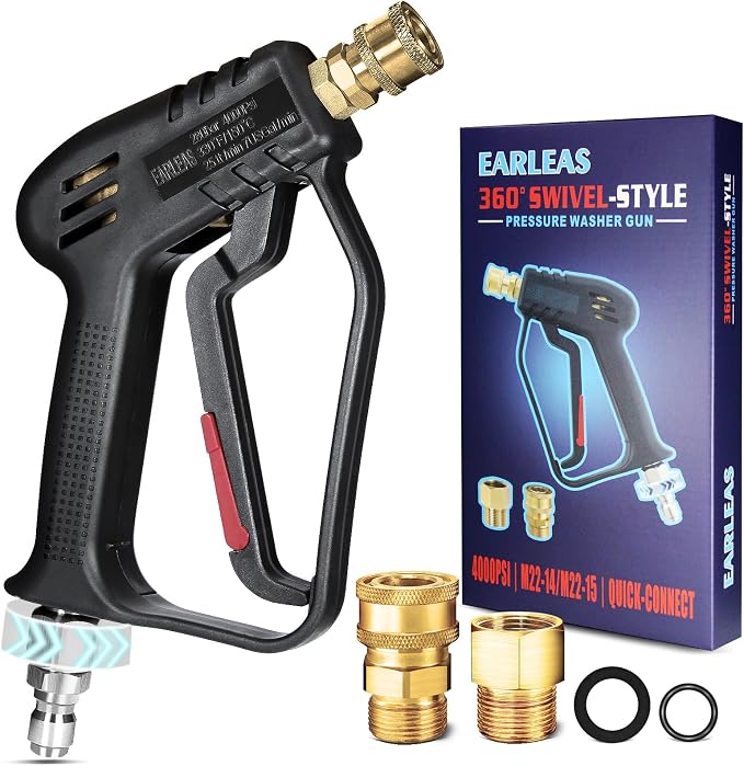 Short Pressure Washer Gun with Swivel, 4000 PSI Power Washer Gun, M22 14mm/15mm & 3/8" QC Inlet, 1/4" Quick Connect for Foam Cannon, Car Wash, Patio & Driveway