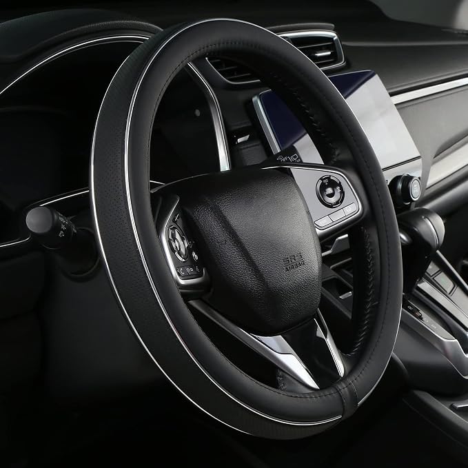 ALEMODR Black Leather Steering Wheel Cover Fiber Strip Car Steering Wheel Cover Universal 15 inch for Men
