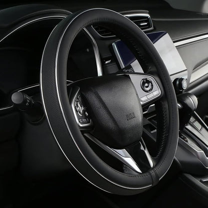 ALEMODR Black Leather Steering Wheel Cover Fiber Strip Car Steering Wheel Cover Universal 15 inch for Men