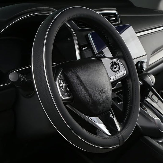ALEMODR Black Leather Steering Wheel Cover Fiber Strip Car Steering Wheel Cover Universal 15 inch for Men