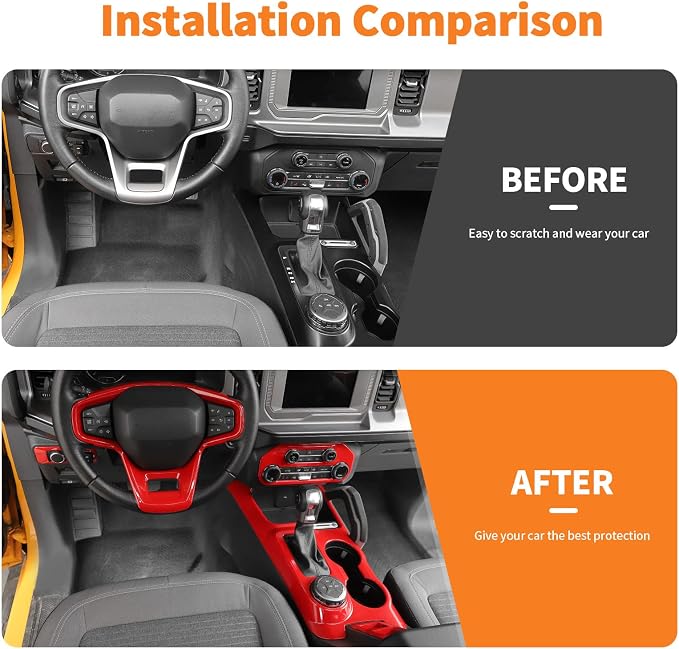 9PCS Full Set Interior Trim Kit Fit for Ford Bronco 2021-2024 4 Door,Center Console Gear Shift Panel Inner Door Handle (Red)