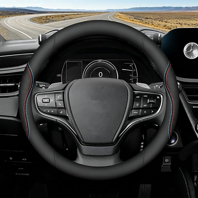 Steering Wheel Cover Universal Standard Size 14.5-15 inch, Breathable Microfiber Leather, Anti-Slip, Soft Grip, Sporty Design, Fits for Cars SUVs Trucks, Black with Red Blue Line