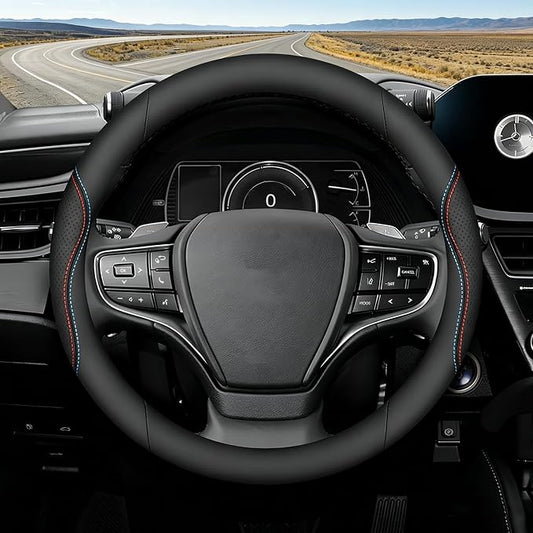 Steering Wheel Cover Universal Standard Size 14.5-15 inch, Breathable Microfiber Leather, Anti-Slip, Soft Grip, Sporty Design, Fits for Cars SUVs Trucks, Black with Red Blue Line