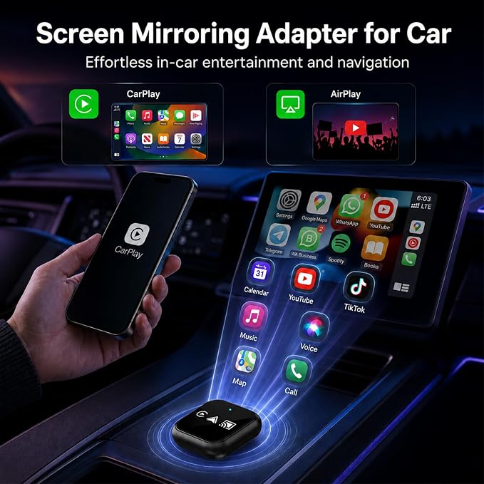Screen Mirroring Adapter for Car, Mirror Phone to Car Screen | Wireless, 3-in-1 Car Play & Android Auto Adapter, Mini, USB C/USB A, Watch Youtube/Tiktok, Not for Netflix/Hulu,Low Latency