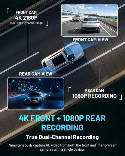 BCUOZ 4K Dual Dash Cam Front and Rear, GS200 170° Wide Angle Night Vision with 3.39” IPS Touchscreen, WiFi App Control, Night Vision, G-Sensor Loop Recording, 64GB Card Included Parking Monitoring