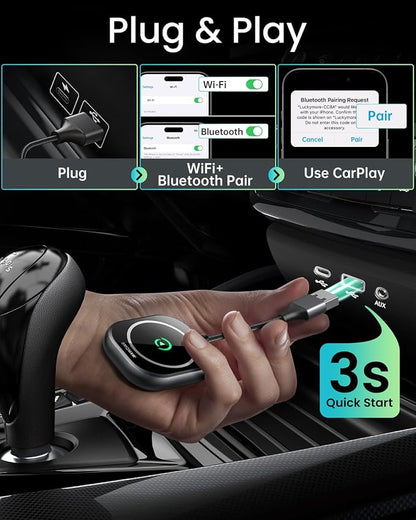 Wireless CarPlay Adapter, Converts Factory Wired CarPlay to Wireless CarPlay Dongle Plug & Play CarPlay Wireless Adapter for Cars from 2015 & for Apple iPhone iOS 10+ Black