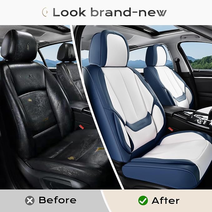 Coverado Seat Covers, Car Seat Covers Front Seats, Leather Seat Covers for Cars, Car Seat Protector Waterproof, Car Seat Cushion, Front Carseat Cover Universal Fit for Most Cars, Blue White