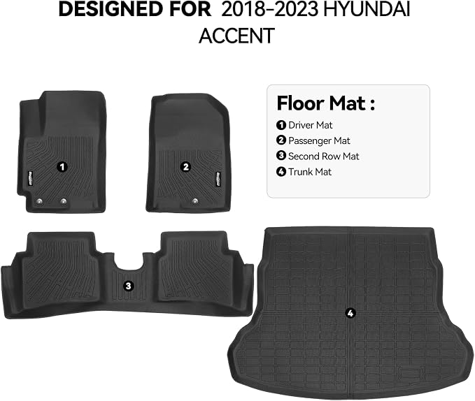 Floor Mats for Hyundai Accent 2018-2023, Trunk Mat All Weather TPE Interior Protector for Hyundai Accent Accessories