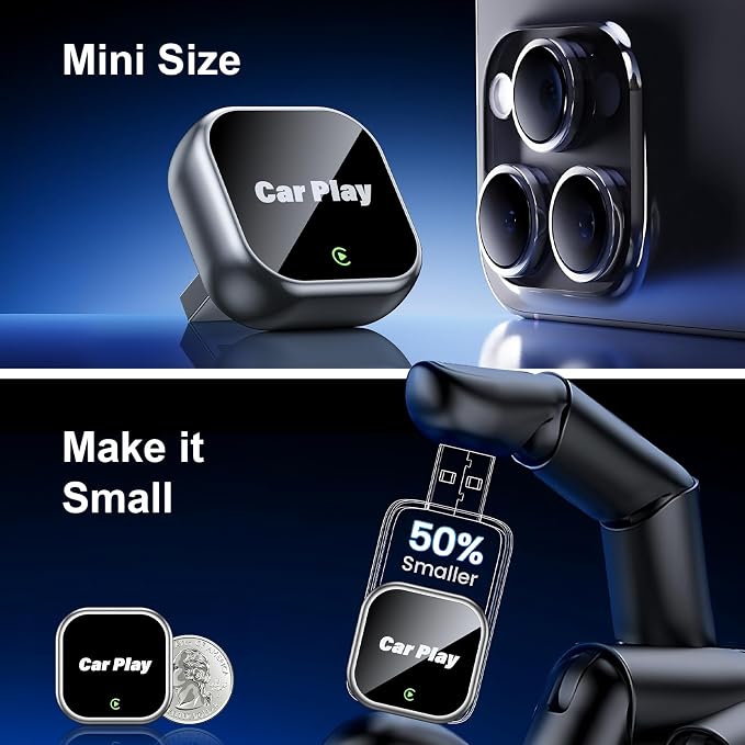 Wireless Carplay Adapter for iPhone Apple, 2026 Mini CarPlay Dongle, Plug & Play, No Delay, Convert Wired to Wireless Bluetooth Apple Carplay, with USB&USB-C, for iOS 10+ and 2016+ Cars