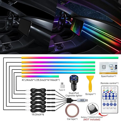 Dreamcolor Acrylic Interior Car LED Strip Light with USB/Type C/4-Port Cigarette Lighter, RGB 6 in 1 with 179.24 inches 650 LEDs Ambient Lighting Kits, Sound Active Function Neon Led Strips for Car