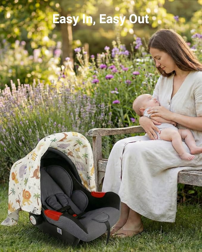 Rquite Baby Boy Car Seat Cover, 100% Muslin Cotton Infant Carseat Canopy, Soft Breathable Stroller Sun Shade & Newborn Shower Gift, Large Size Universal Fit Summer, Hot & Warm Weather (Forest Animals)