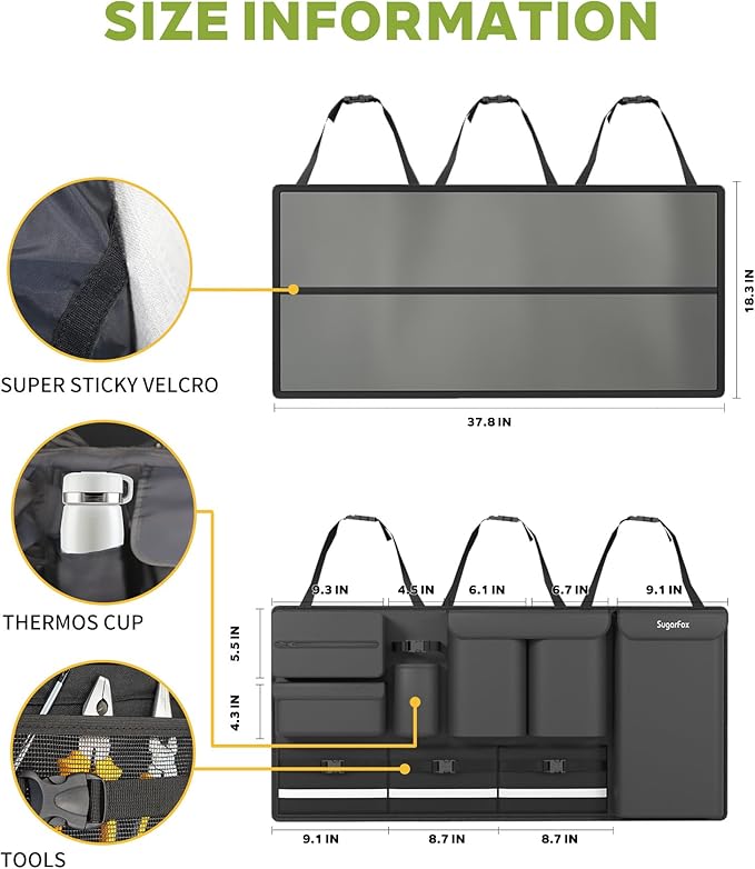 SugarFox Backseat Hanging Trunk Organizer for SUVs, Cars, Trucks & MPVs | Multi-Pocket Storage with Anti-Slip Straps | Space-Saving Auto Accessory | Gift for Drivers | Black, 37.8" x 18.1" - K230