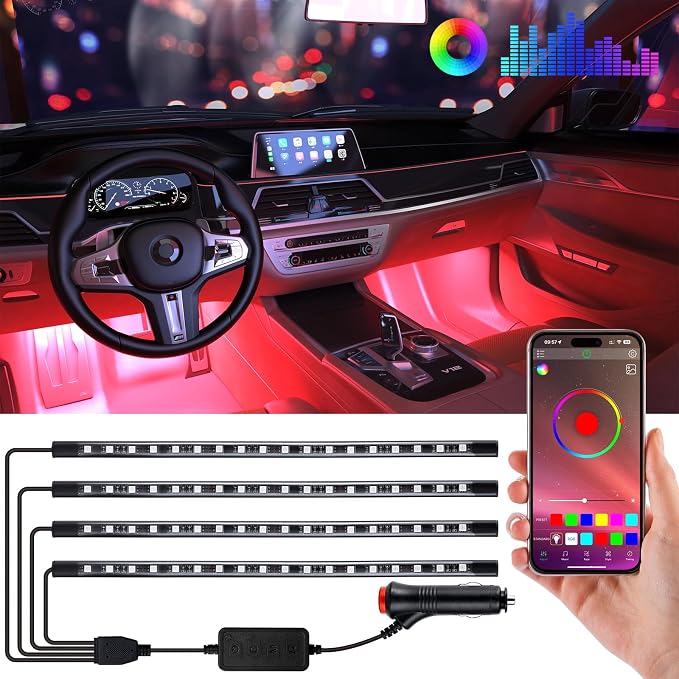 Led Car Lights Interior,Ambient Lighting Car Interior,Footwell Lighting for Car,APP Control 16 Million Colors Music Sync,DIY Mode Multicolor LED Interior Lights for Cars,Trucks,SUVs,12V Power
