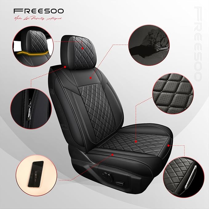 FREESOO Car Seat Covers Full Set for Dodge Ram 2002-2018 1500 & 2011-2026 2500 3500 Crew Quad Cab, 2019-2024 Ram 1500 Classic Leather Seat Cover, with Curved Bench, Black
