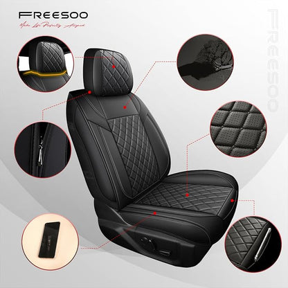 FREESOO Car Seat Covers Full Set for Dodge Ram 2002-2018 1500 & 2011-2026 2500 3500 Crew Quad Cab, 2019-2024 Ram 1500 Classic Leather Seat Cover, with Curved Bench, Black