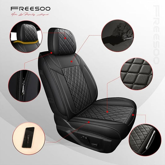 FREESOO Car Seat Covers Full Set for Dodge Ram 2002-2018 1500 & 2011-2026 2500 3500 Crew Quad Cab, 2019-2024 Ram 1500 Classic Leather Seat Cover, with Curved Bench, Black