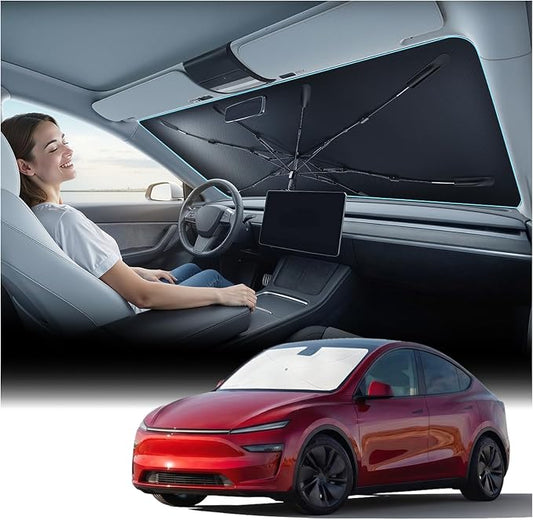 Nmoiss Windshield Sun Shade Umbrella for Tesla - [Vinyl Coating Heat Shield] Protect Car from Sun Rays & Heat Damage Keep Cool and Protect Interior, Spring Structure Edge