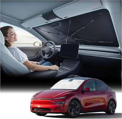Nmoiss [Vinyl Coating Heat Shield] Windshield Sun Shade Umbrella Fit for Model Y 2020-2026 Include Juniper, Protect Car from Sun Rays & Heat Damage Keep Cool and Protect Interior, TeslaAccessories