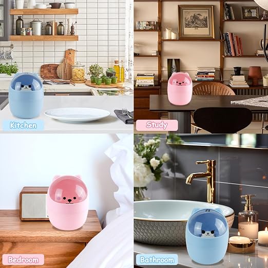 Mini Trash Can, Cute Small Trash Can with Lid, Desktop Paper Bin with 5 Rolls of Bin Liners, Portable Tabletop Dustbin, Cartoon Animal Rubbish Storage for Kitchen(Blue)