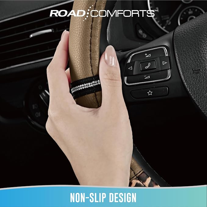 Road Comforts Leopard Steering Wheel Cover for Women, Cute Anti-Slip Microfiber Leather, Universal Fit 14.5-15 Inch Round Steering Wheel - Beige