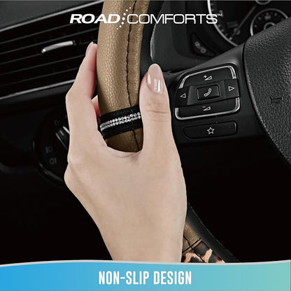 Road Comforts Leopard Steering Wheel Cover for Women, Cute Anti-Slip Microfiber Leather, Universal Fit 14.5-15 Inch Round Steering Wheel - Beige