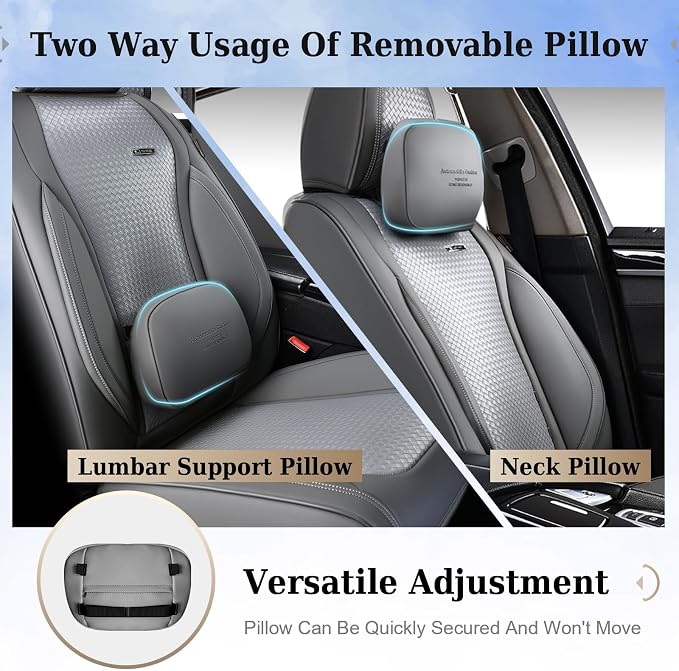 Coverado Car Seat Covers Full Set, Gray Seat Covers for Cars, Waterproof Nappa Leather Automotive Seat Covers with Lumbar Head Pillow, Car Seat Protectors, Universal Fit for Most Cars SUV