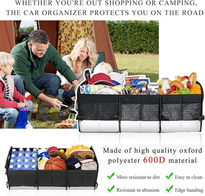 povtii Large Organizer for Car, 95L Stretchable Storage Trunk Organizer with Divided Compartments, Fixed Big Trunk Organizer with Handles & Adjustable Straps, Car Accessories (Black & Gray)