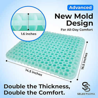 SelectSoma Mint Green Gel Seat Cushion for Long Sitting, Patent-Pending Mold Design, Double-Thick Pressure Relief for Tailbone, Sciatica, Coccyx & Back Pain - Office Chair, Car, Wheelchair, Truck