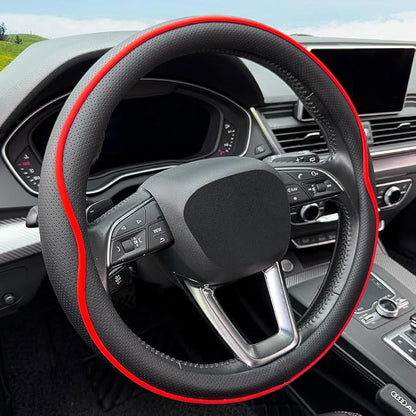 HAOTULE Leather Steering Wheel Cover， with Anti-Slip Stripe Design - Enhanced Grip, Fashion Style, Safe, Non-Slip, Breathable. Upgrade car Interior，Black red