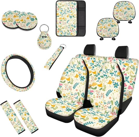13 Pcs Wildflower Field Car Seat Covers for Women, Ditsy Flowers Botanical Steering Wheel Cover Seat Belt Cover French Countryside Cupholder Pad Keyring for Car SUV