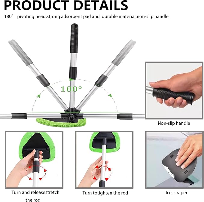 Car Windshield Cleaning Tools, Expandable Car Window Cleaner kit with 4 Reusable Microfiber Pads, Bottles, Windshield Cleaning Wand Tool, Auto Interior Dust Brush, for Trucks, SUVs, RVs etc