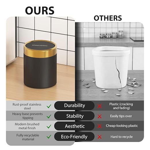 Desktop Trash can with Lid,0.4 Gal Stainless Steel Counter Top Trash Can Mini Bathroom Trash Can for Car,Office,Kitchen,Desk,a Roll of Trash Bag(Black)