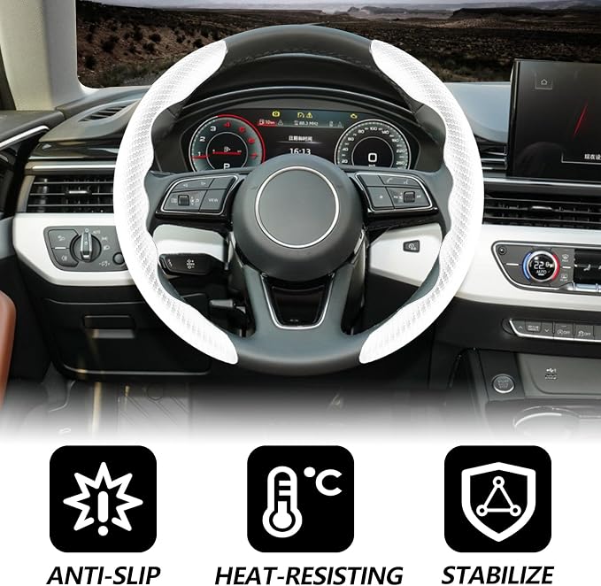 2pcs Universal Fit Carbon Fiber Steering Wheel Cover, Anti-Skid Steering Wheel Cover/Segmented Steering Wheel Protector/Car Interior Accessories (White)