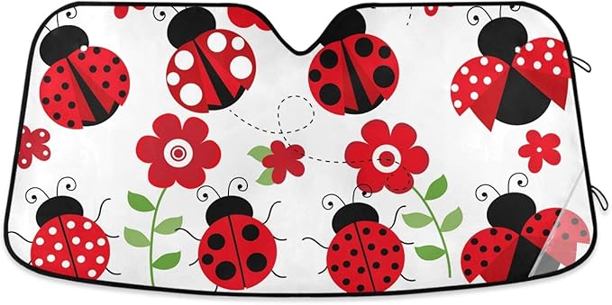 Ladybugs Flower Car Windshield Sun Shade Red Scarab Foldable UV Ray Sun Visor Protector Sunshade to Keep Your Vehicle Cool (55" x 27.6")
