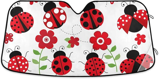Ladybugs Flower Car Windshield Sun Shade Red Scarab Foldable UV Ray Sun Visor Protector Sunshade to Keep Your Vehicle Cool (55" x 27.6")