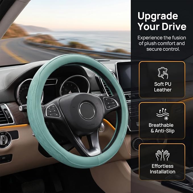 Zpana Car Steering Wheel Cover, 14.5-15" Breathable Soft Leather Vehicle Steering Wheel Protector with Anti-Slip Lining, Comfortable Auto Interior Decoration Accessories, Universal Fit (Tiffany Lane)