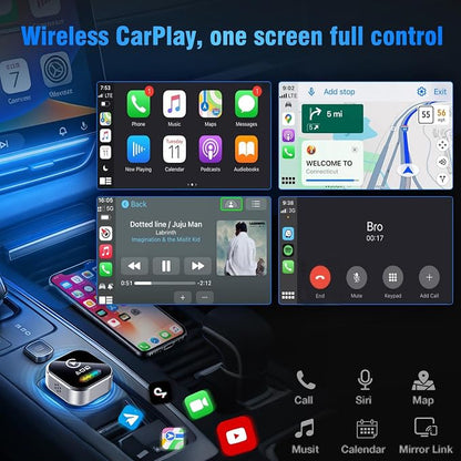 Wireless CarPlay Adapter for iPhone – 2026 4-in-1 Dongle with AirPlay & Screen Mirroring, Low Latency, 5-Second Auto Connect for Wired Cars, Includes USB A/C（Silvery）