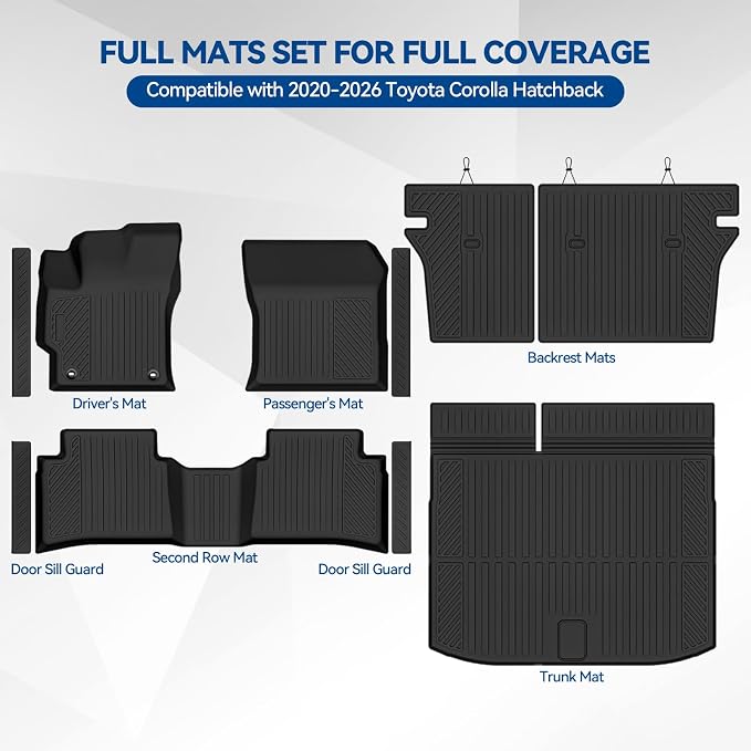 Custom Fit Floor Mats for 2020-2025 2026 Toyota Corolla Hatchback, All Weather TPE Floor Liners & Trunk Mat & Backrest Mats & Door Sill Guard, Odorless Full Set Interior Accessories