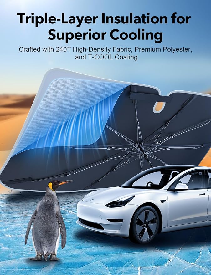 Car Windshield Sun Shade for Tesla Model 3/Y & Small Cars | Upgraded T-Cool coating blocks 99.9% UV & heat, foldable compact storage, protects dash & seats from fading