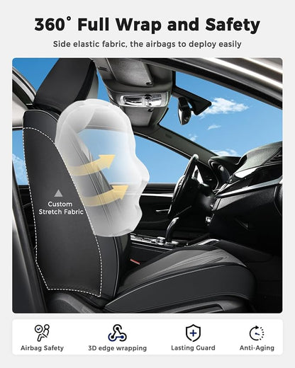 Huidasource Car Seat Covers Full Set, Universal Fit for Most Cars SUV Trucks, Full Coverage Nappa Leather Seat Cover, Airbag, Cupholder Compatible, Velcro Adjustable, Seat Function Retain, Black&Gray