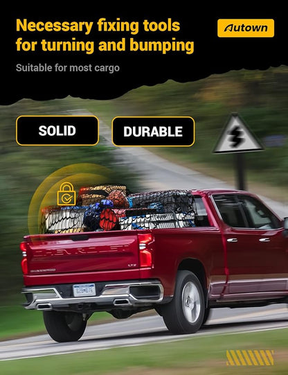 AUTOWN Cargo Net for Pickup Truck Bed - Stretchable 4'x4' to 7'x7', High Elastic Fine Mesh 1''x1'' with 8 Metal Carabiners - Ideal for ATV, SUV, UTV, Truck and Boat Use (Single Layer)