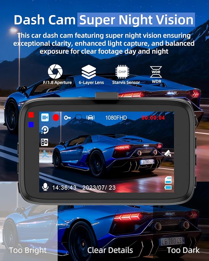 Dash Cam Front and Rear Camera, Biuone 1080P Dash Camera for Cars, Dash Cam with 3'' IPS Screen with Night Vision, G-Sensor, WDR, Loop Recording, 24/7 Parking Monitor